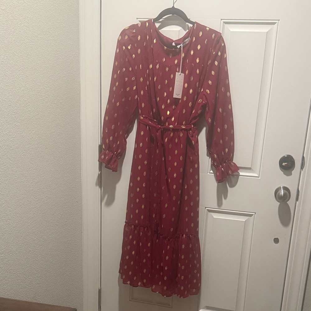 Grace Karin Red Gold Print Long Sleeve Midi Dress with Waist Tie
